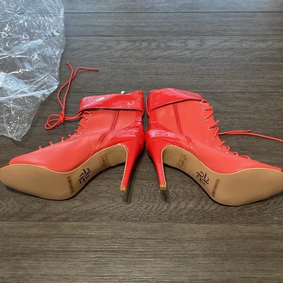 NWT BURJU Under The Influence Open Toe Lace Up Buckle Ankle Boots | Red 11 - Picture 5 of 9